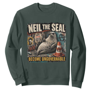 Edgy Neil the Seal Become Ungovernable Graffiti Graphic Sweatshirt Sarcastic Rebel Viral Chaotic Elephant Seal Sunglasses Meme TS02 Dark Forest Green Print Your Wear