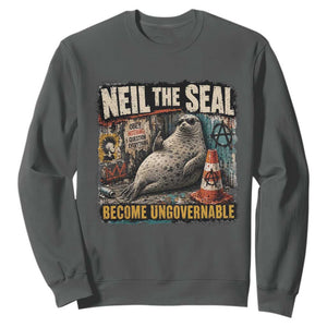 Edgy Neil the Seal Become Ungovernable Graffiti Graphic Sweatshirt Sarcastic Rebel Viral Chaotic Elephant Seal Sunglasses Meme TS02 Dark Heather Print Your Wear
