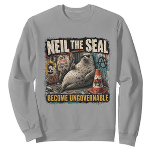 Edgy Neil the Seal Become Ungovernable Graffiti Graphic Sweatshirt Sarcastic Rebel Viral Chaotic Elephant Seal Sunglasses Meme TS02 Sport Gray Print Your Wear