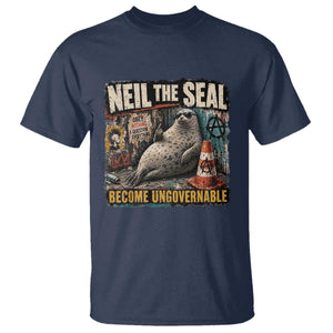Edgy Neil the Seal Become Ungovernable Graffiti Graphic T Shirt Sarcastic Rebel Viral Chaotic Elephant Seal Sunglasses Meme TS02 Navy Print Your Wear