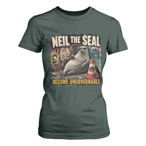 Edgy Neil the Seal Become Ungovernable Graffiti Graphic T Shirt For Women Sarcastic Rebel Viral Chaotic Elephant Seal Sunglasses Meme TS02 Dark Forest Green Print Your Wear