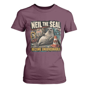 Edgy Neil the Seal Become Ungovernable Graffiti Graphic T Shirt For Women Sarcastic Rebel Viral Chaotic Elephant Seal Sunglasses Meme TS02 Maroon Print Your Wear
