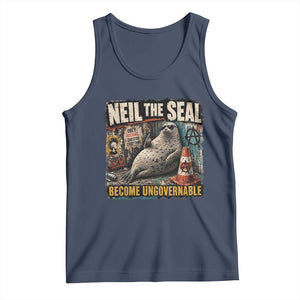 Edgy Neil the Seal Become Ungovernable Graffiti Graphic Tank Top Sarcastic Rebel Viral Chaotic Elephant Seal Sunglasses Meme TS02 Navy Print Your Wear
