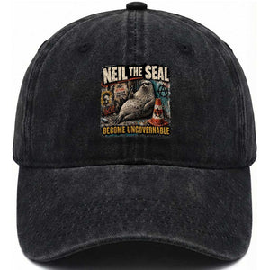 Edgy Neil the Seal Become Ungovernable Graffiti Graphic Washed Cotton Baseball Cap Sarcastic Rebel Viral Chaotic Elephant Seal Sunglasses Meme TS02 Print Your Wear
