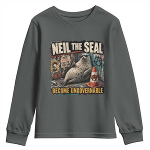 Edgy Neil the Seal Become Ungovernable Graffiti Graphic Youth Sweatshirt Sarcastic Rebel Viral Chaotic Elephant Seal Sunglasses Meme TS02 Dark Heather Print Your Wear