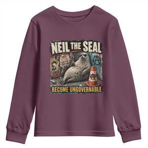 Edgy Neil the Seal Become Ungovernable Graffiti Graphic Youth Sweatshirt Sarcastic Rebel Viral Chaotic Elephant Seal Sunglasses Meme TS02 Maroon Print Your Wear
