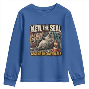 Edgy Neil the Seal Become Ungovernable Graffiti Graphic Youth Sweatshirt Sarcastic Rebel Viral Chaotic Elephant Seal Sunglasses Meme TS02 Royal Blue Print Your Wear