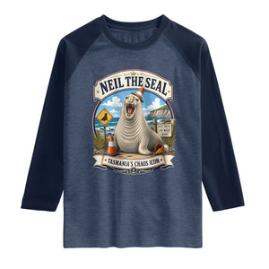 Retro Neil the Seal Tasmanias Chaos Icon Raglan Shirt Funny Roaring Elephant Seal Traffic Cone Meme