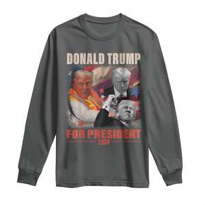 Trump 2024 Long Sleeve Shirt He Won For President 45 47 American Flag TS02 Dark Heather Print Your Wear