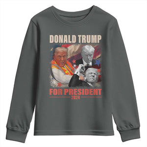 Trump 2024 Youth Sweatshirt He Won For President 45 47 American Flag TS02 Dark Heather Print Your Wear