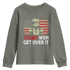 Trump 2024 Youth Sweatshirt He Won Get Over It Patriotic Vintage American Flag TS02 Military Green Print Your Wear