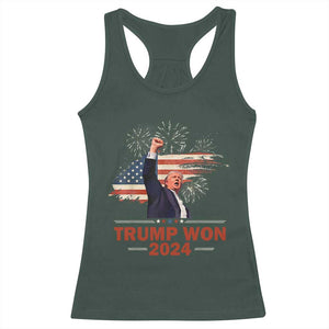 Trump Won 2024 Racerback Tank Top 47th President American Flag Raised Fist TS02 Dark Forest Green Print Your Wear