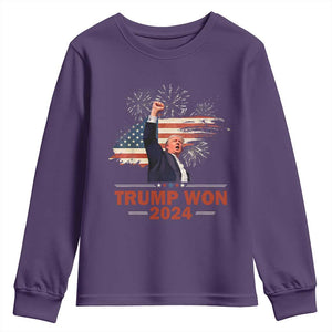 Trump Won 2024 Youth Sweatshirt 47th President American Flag Raised Fist TS02 Purple Print Your Wear