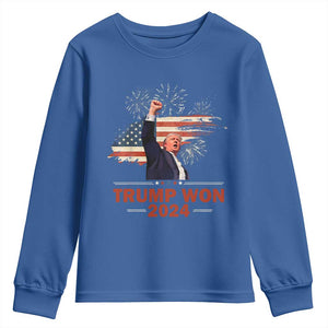 Trump Won 2024 Youth Sweatshirt 47th President American Flag Raised Fist TS02 Royal Blue Print Your Wear
