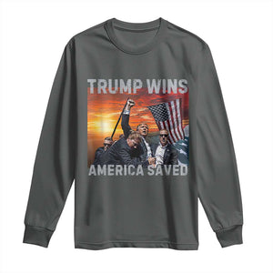 Trump 2024 Long Sleeve Shirt Trump Won America Saved American Flag TS02 Dark Heather Print Your Wear