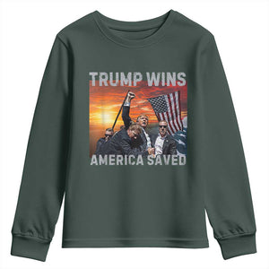 Trump 2024 Youth Sweatshirt Trump Won America Saved American Flag TS02 Dark Forest Green Print Your Wear