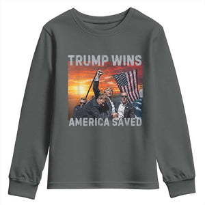 Trump 2024 Youth Sweatshirt Trump Won America Saved American Flag TS02 Dark Heather Print Your Wear
