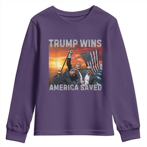 Trump 2024 Youth Sweatshirt Trump Won America Saved American Flag TS02 Purple Print Your Wear