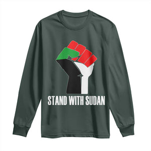 Stand With Sudan Power Fist Long Sleeve Shirt Sudan Flag Activist Peace and Protest TS02 Dark Forest Green Print Your Wear