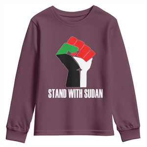Stand With Sudan Power Fist Youth Sweatshirt Sudan Flag Activist Peace and Protest TS02 Maroon Print Your Wear