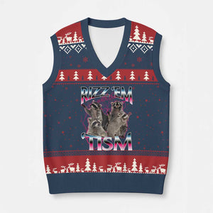 Funny Autism Raccoon Meme V-Neck Knit Sweater Vest Rizz Em With The Tism Autistic Raccoons TS02 Navy Red Print Your Wear