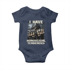 Skeleton Meme Baby Onesie I Have Homosexual Tendencies Funny Edgy Hard Cringe TS02 Navy Print Your Wear