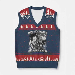 Funny Alpha Wolf Meme V-Neck Knit Sweater Vest Hide Your Wife The Alpha Is Here Humorous Cringe TS02 Navy Red Print Your Wear