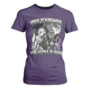 Funny Alpha Wolf Meme T Shirt For Women Hide Your Wife The Alpha Is Here Humorous Cringe TS02 Purple Print Your Wear