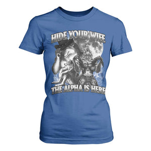 Funny Alpha Wolf Meme T Shirt For Women Hide Your Wife The Alpha Is Here Humorous Cringe TS02 Royal Blue Print Your Wear