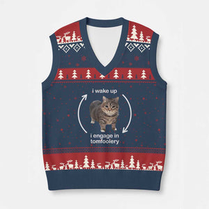 Funny Silly Cat Meme V-Neck Knit Sweater Vest I Wake Up I Engage In Tomfoolery TS02 Navy Red Print Your Wear