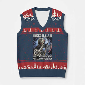 Funny Cringe Hard Skeleton Meme V-Neck Knit Sweater Vest I Need HEAD Hugs Encouragement Affection Devotion Middle Finger Edgy Hard Cringe TS02 Navy Red Print Your Wear