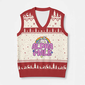 Funny Sarcastic Alpha Male V-Neck Knit Sweater Vest Unicorn Sarcastic Ironic Weird Y2K Humor TS02 Beige Red Print Your Wear
