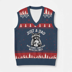 Funny Raccoon Dad Meme V-Neck Knit Sweater Vest Just A Dad Who Always Came Back With The Milk Father Birthday Father's Day TS02 Navy Red Print Your Wear