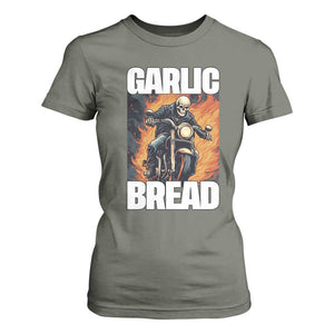 Skeleton Meme T Shirt For Women Garlic Bread Flaming Biker On Fire Funny Edgy Hard Cringe TS02 Military Green Print Your Wear