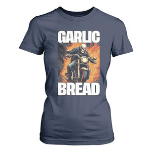 Skeleton Meme T Shirt For Women Garlic Bread Flaming Biker On Fire Funny Edgy Hard Cringe TS02 Navy Print Your Wear