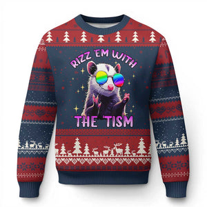 Funny Autism Opossum Ugly Christmas Sweater Rizz Em With The Tism Meme Autistic TS02 Navy Red Print Your Wear