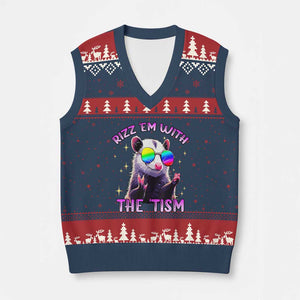 Funny Autism Opossum V-Neck Knit Sweater Vest Rizz Em With The Tism Meme Autistic TS02 Navy Red Print Your Wear
