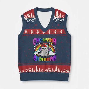 Chlamydia Survivor Cat Meme V-Neck Knit Sweater Vest Funny Y2K Inappropriate Humor TS02 Navy Red Print Your Wear