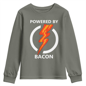 Funny Bacon Lover Youth Sweatshirt Powered By Bacon Cured Pork Master TS02 Military Green Print Your Wear