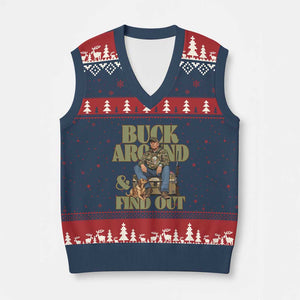 Trump Camo Hunting V-Neck Knit Sweater Vest Buck Around And Find Out TS02 Navy Red Print Your Wear