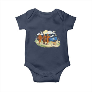 Walk for Peace Monks with Aloka the Dog Baby Onesie Spiritual Pilgrimage Buddhist Inspired TS02 Navy Print Your Wear