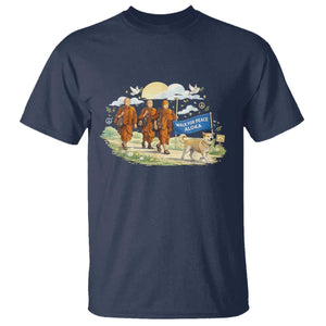 Walk for Peace Monks with Aloka the Dog T Shirt Spiritual Pilgrimage Buddhist Inspired TS02 Navy Print Your Wear