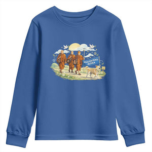Walk for Peace Monks with Aloka the Dog Youth Sweatshirt Spiritual Pilgrimage Buddhist Inspired TS02 Royal Blue Print Your Wear