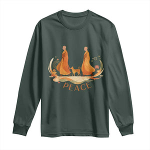 Peaceful Monks Walk with Aloka the Dog Long Sleeve Shirt Zen Art Buddhism Harmony TS02 Dark Forest Green Print Your Wear