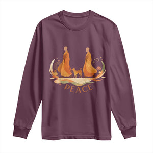Peaceful Monks Walk with Aloka the Dog Long Sleeve Shirt Zen Art Buddhism Harmony TS02 Maroon Print Your Wear
