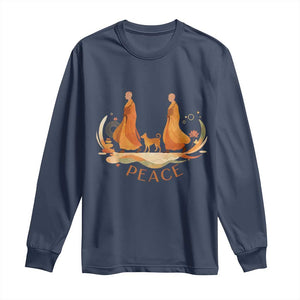 Peaceful Monks Walk with Aloka the Dog Long Sleeve Shirt Zen Art Buddhism Harmony TS02 Navy Print Your Wear