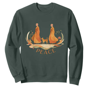 Peaceful Monks Walk with Aloka the Dog Sweatshirt Zen Art Buddhism Harmony TS02 Dark Forest Green Print Your Wear