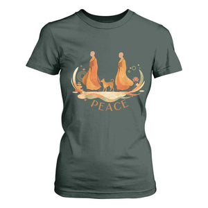 Peaceful Monks Walk with Aloka the Dog T Shirt For Women Zen Art Buddhism Harmony TS02 Dark Forest Green Print Your Wear