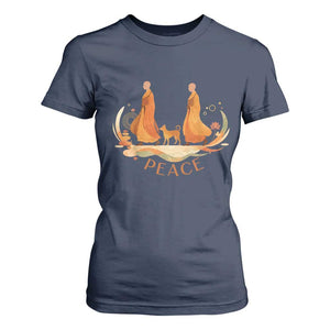 Peaceful Monks Walk with Aloka the Dog T Shirt For Women Zen Art Buddhism Harmony TS02 Navy Print Your Wear