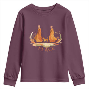 Peaceful Monks Walk with Aloka the Dog Youth Sweatshirt Zen Art Buddhism Harmony TS02 Maroon Print Your Wear